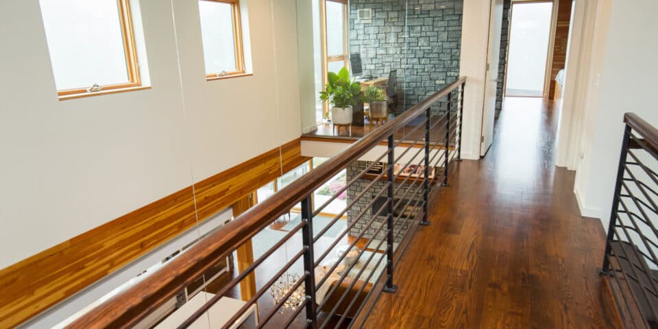 Second-floor catwalk overlooking the great room